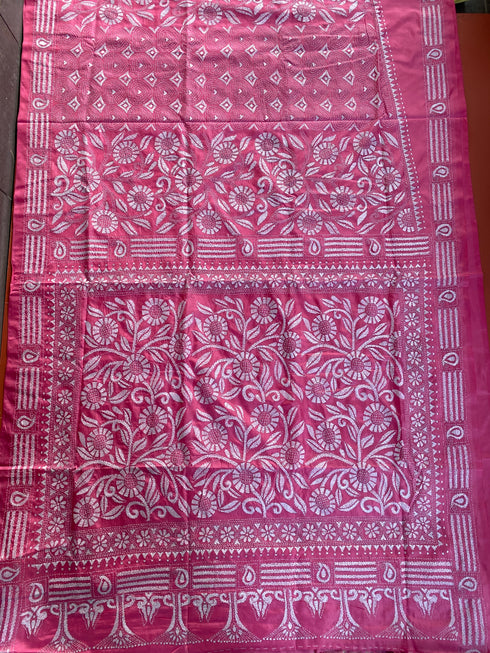 Blush Pink Floral Kantha Silk Saree from Bengal